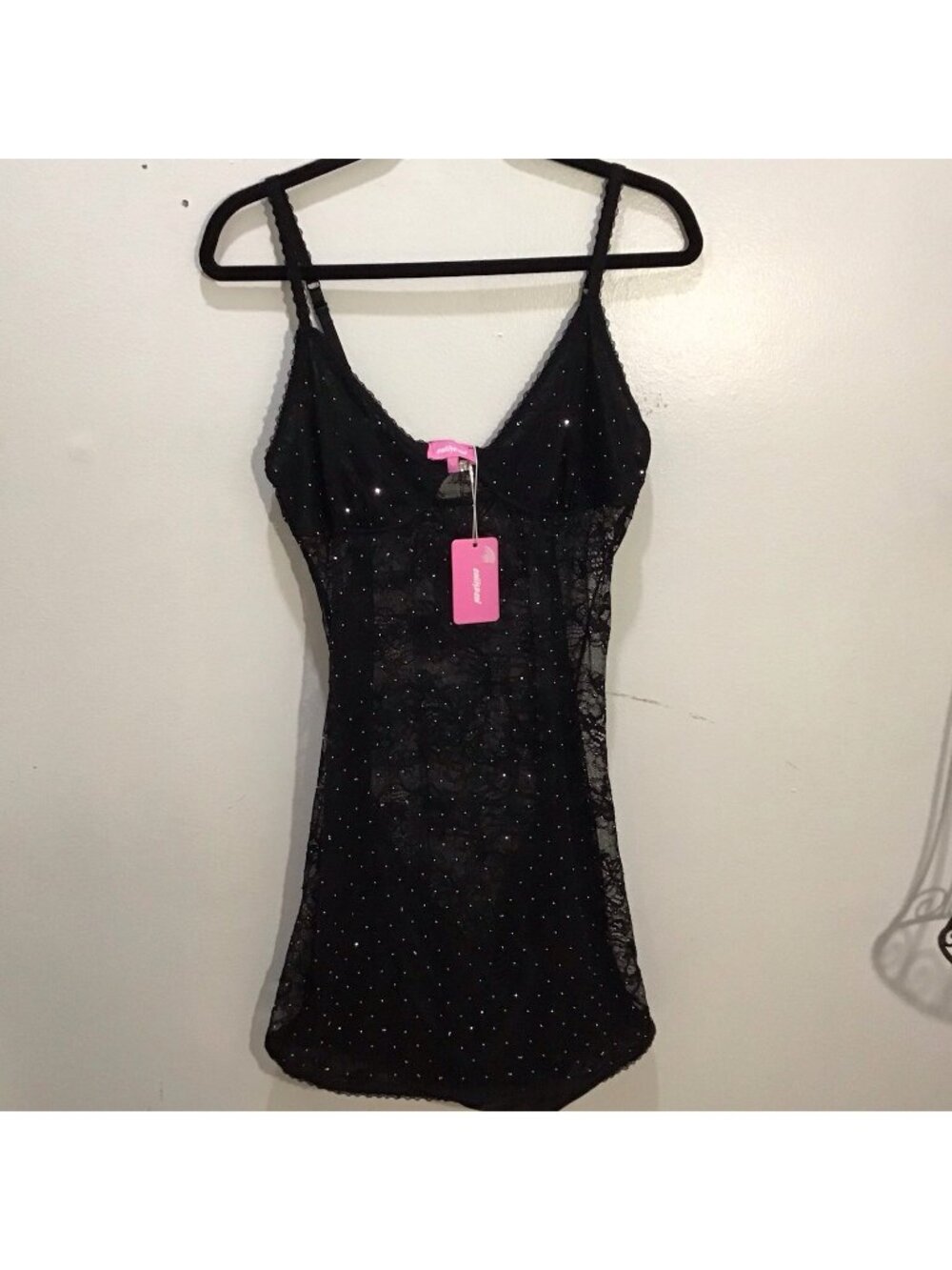Edikted Women’s XL Black Lace Rhinestone Cami Mini Dress Lingerie Slip NWT